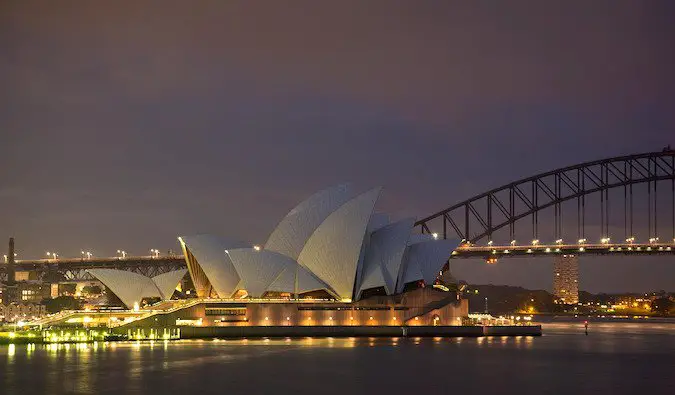 Famous landmark Sydney Opera House lit up at night