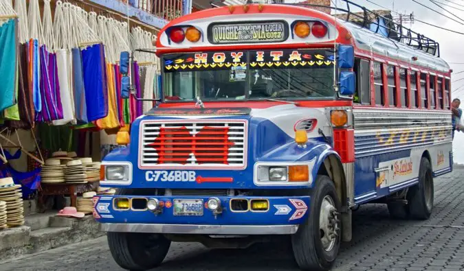 One of the many colorful local chicken buses in Guatemala, Central America