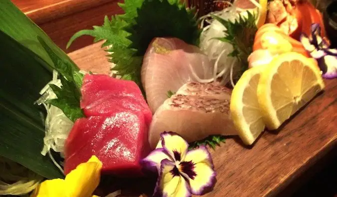 Colorful sushi dinner served on wood
