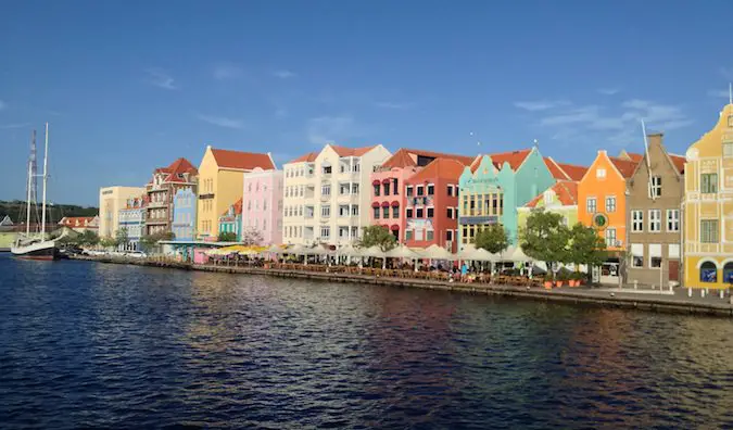 Colorful beautiful Caribbean houses clustered together on the Caribbean island of Curacao