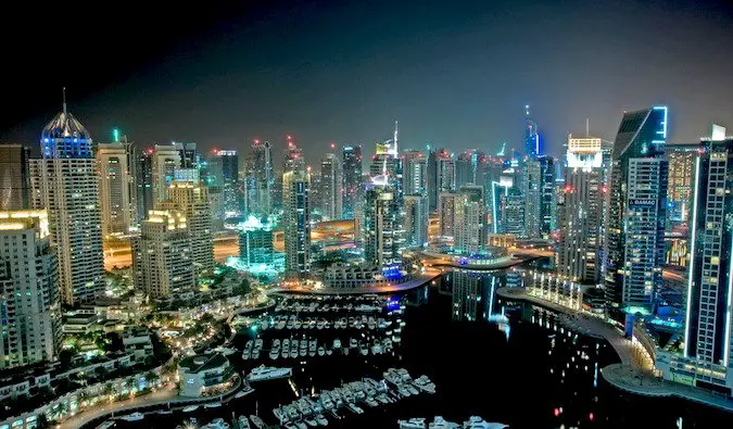 Dubai skyscrapers lit up at night