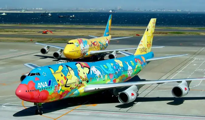 Colorful commercial airplanes in Japan painted with Pokemon pictures