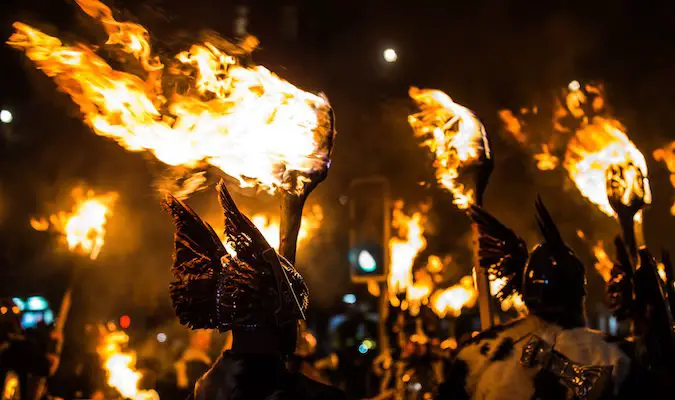 The torchlight procession led by vikings in Scotland