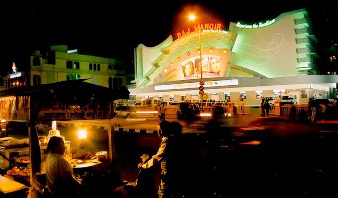 Raj Mandir Cinema at night in Jaipur, India