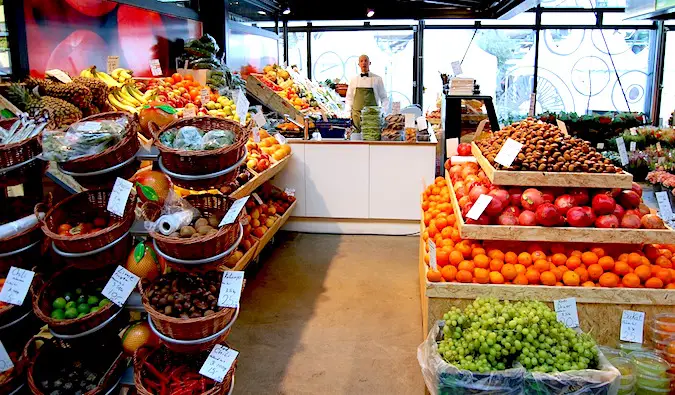 produce stacked inside a fancy supermarket