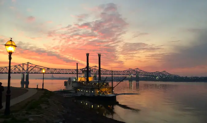 Bridge in Natchez at sunset with pink sky