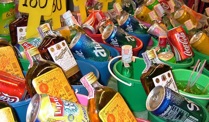 Dozens of the dangerous booze buckets of Ko Phi Phi