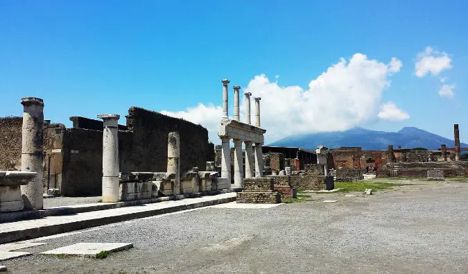 The ancient ruins of the Pompeii forum on a sunny day