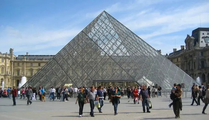 A photo of the pyramid which was designed by IM Pei at the Louvre, a popular museum in Paris