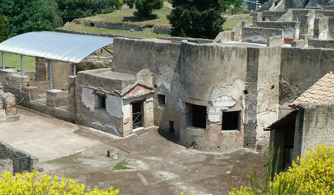 Well ancient and well-preserved ruins of the Stabian baths in Pompeii, Italy