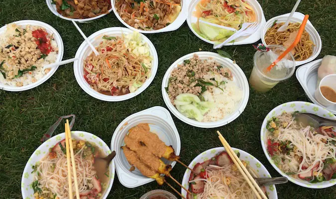 Lots of plates of Thai food to share from the Berlin market