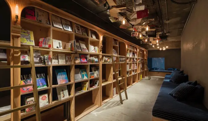 The cozy interior of Book and Bed hostel and bookstore in Tokyo, Japan