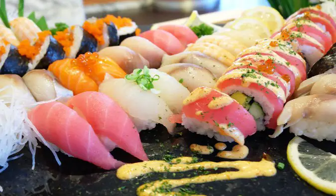 A massive plate of good sushi